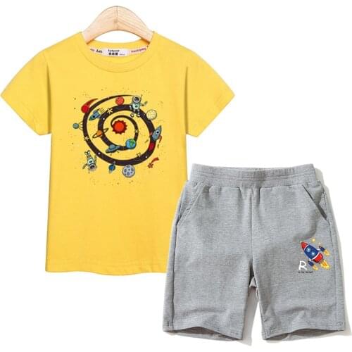 2021 Summer Clothes Kids 2pc Suit Outer Space Cartoon T-shirt Boys Pant Kid Cotton Costumes Boy Short Sleeve Sets