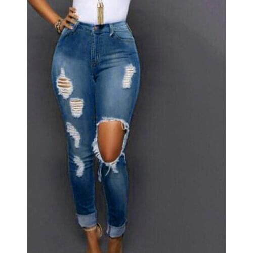 Jeans Women Button Pocket Casual Solid Color Elastic Denim Pants Ladies Fashion Skinny Hole High Waisted Trousers Plus Size