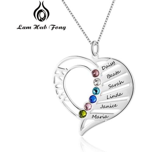 Personalized Necklaces 925 Sterling Silver Heart Shape Pendants Engrave Name Necklaces Birthstone DIY Mother Gift (lam hub fong)
