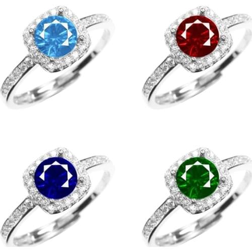 925 sterling silver women ring round created gemstone synthetic ruby sapphire emerald aquamarine tourmaline adjustable M11