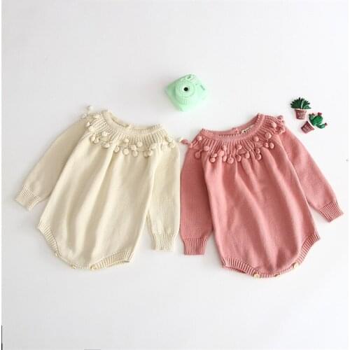 Newborn Baby Romper Handmade Pompom Long Sleeve Baby Girl Boy Romper Knitted Baby Clothes Autumn Infant Girl Jumpsuit Onesie