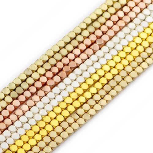 JHNBY Matte 3mm Rose gold silvers Hematite beads Faceted Square Natural Stone Spacer Loose Beads For Jewelry Making Diy bracelet