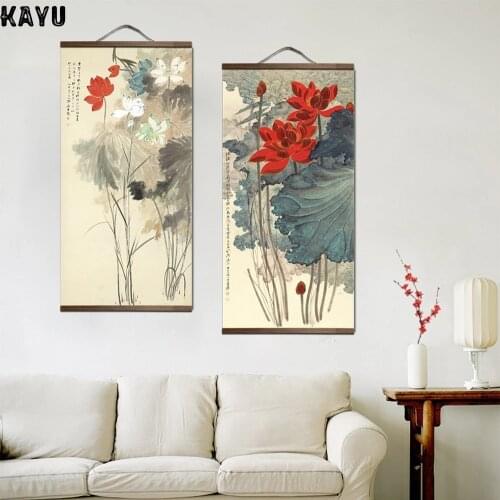 Chinese style flower Green plants canvas decorative painting Store bedroom living room wall art solid wood scroll paintings