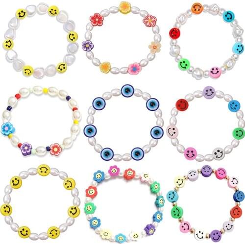 New Fashion Colorful Smiley Flower Evil Eye Clay Bracelet Charm Pearl Beads Adjustable Buckle Ethnic Lucky Bracelet Jewelry Gift