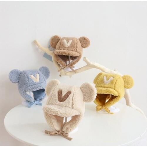 Autumn And Winter Cute Victory Bear Childrens Ear Caps For Male And Female Babies Cartoon Double Ball Wool Hat For 3-14Y