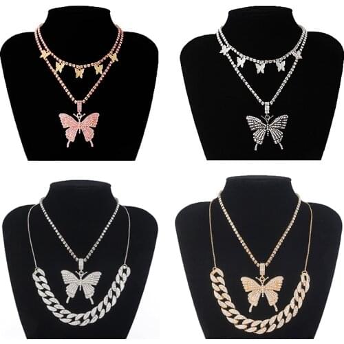 Iced Out Cuban Link Chain Butterfly Choker Necklace 2 Layered Bling Tennis Chain Crystal Necklaces for Women Jewelry Gift
