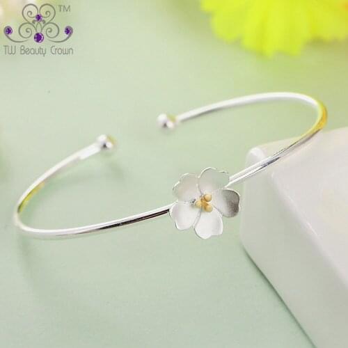 Authentic 925 Sterling Silver Cherry blossoms Flower Love Heart Open Cuff Bangle For Women Girls Fashion Jewelry Antiallergic