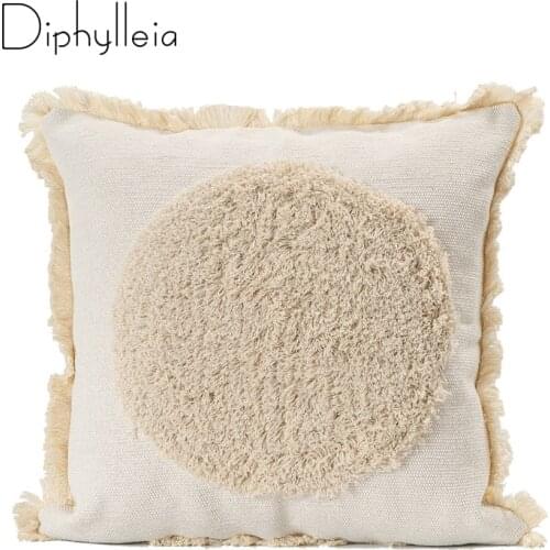 Diphylleia Simple Japanese Style Natural Cotton Canvas Tufed Fringe Tassel Couch Sofa Cushion Case Boho Modern Pillow Cover