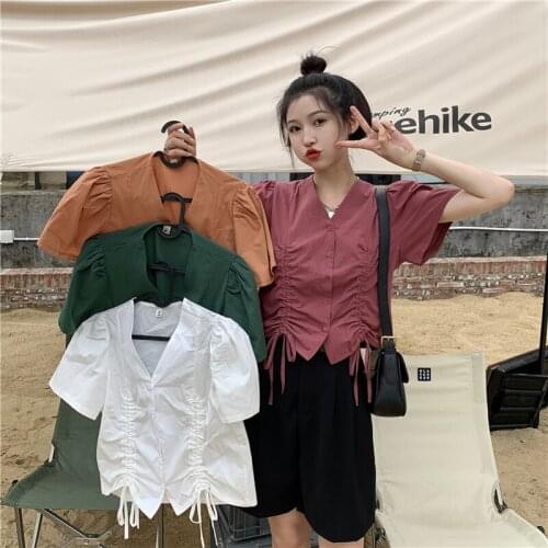 Shirt French V-neck Drawstring Short-sleeved Shirt Female Design Sense Niche Summer New Loose All-match Blouse