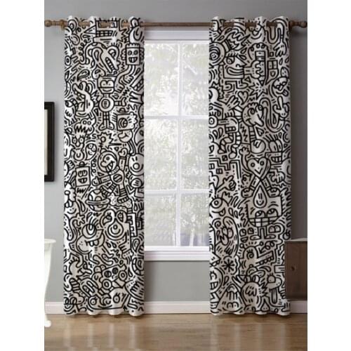Modern Graffiti White and Black Full Shading Curtains Sunscreen Thermal Insulation Blackout Window Curtains Drapes Blinds