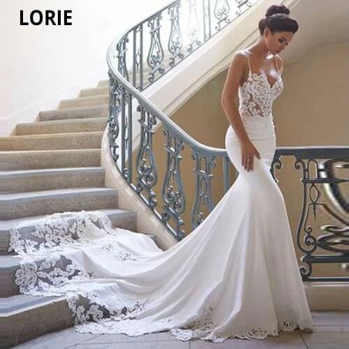LORIE Spaghetti Strap Lace Satin Wedding Dress Mermaid 2020 Elegant Crystal High Quality Long Trail Modest Bridal Gowns Vintage