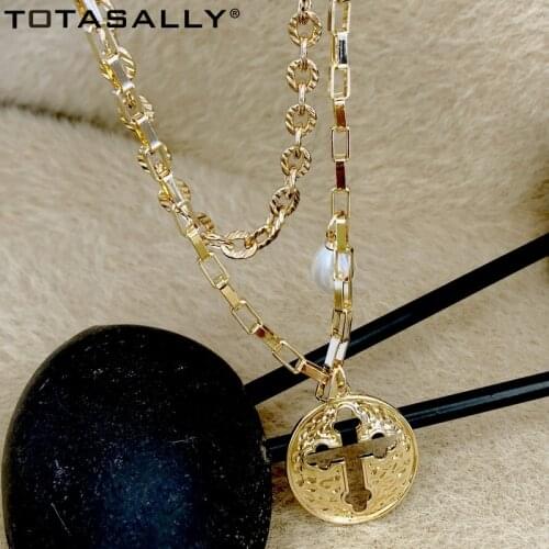 TOTASALLY Hip hop Double Chains Round Hollow Cross Pendants Necklaces Golden Style womens Chain Necklace Jewelry Lady Gift