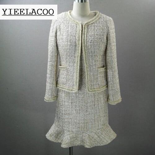 Khaki tweed jacket + sleeveless dress suit sequined fabric 2020 autumn / winter womens jacket ladies 2-piece jacket dress suit