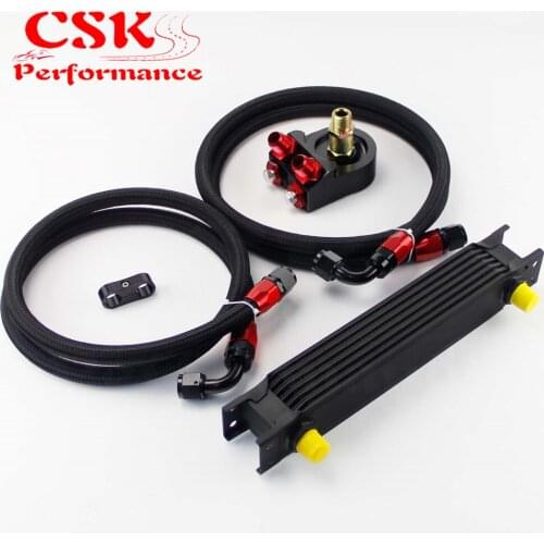 Universal 7 Row 248mm AN8 Engine Transmission Oil Cooler British Type + Aluminum Filter Adapter Kit Black/Blue