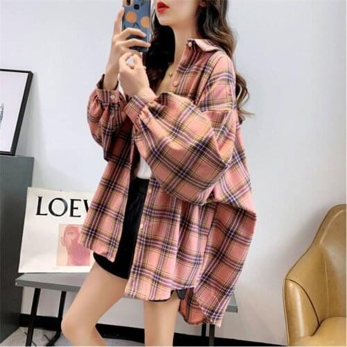 2020 spring autumn loose plaid shirt womens all-match shirt oversized lapel drop shoulder sleeve retro British style jacket