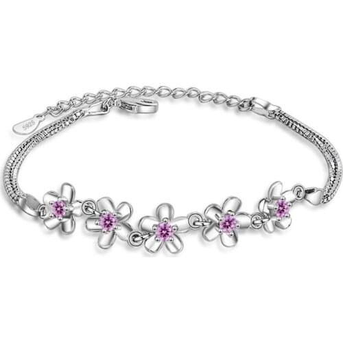 KOFSAC New Fashion 925 Silver Bracelets for Women Cute Charming Pink Crystal Flower Bangles Jewelry Valentines Day Gifts Pulser