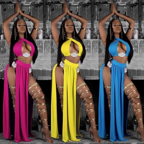 2 piece set Women Suit Sexy Solid Bohemian Sex V-Neck Sling Tops And Slit Skirt Set Hot Summer beach vacation
