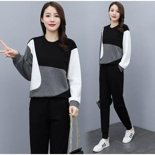 New Fashion Autumn Splicing Casual Sportswear Set Womens Loose Round Neck Two-piece Set Home Relax Cotton Suit