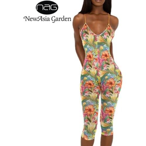 NewAsia Print Mesh Romper Shorts Bodycon Backless V Neck Cross Spaghetti Strap Sexy Jumpsuit Women Summer Beach Chic Playsuit