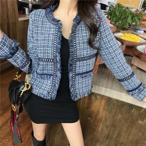 Plaid Winter Woman Blazer 2019 Tweed Jacket Autumn Winter Cotton Chic Ladies Long Suit Coat Fashion business Blazer for Women 83