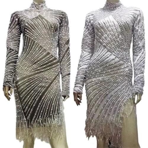 Fringed Dress Long Sleeve White Rhinestone Dress Women Singer Dancer Costume Dresses Evening Birthday Celebrate Costumes XS1278