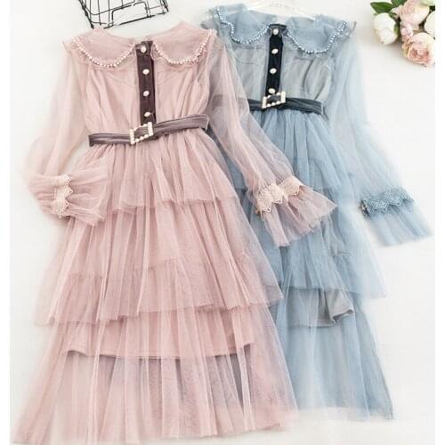 2020 Women Flare Sleeve Pleated Pearl Bead Peter Pan Collar Mesh Gauze Ruffles Belt Dress Elastic Slim Pullover Party Midi Dress