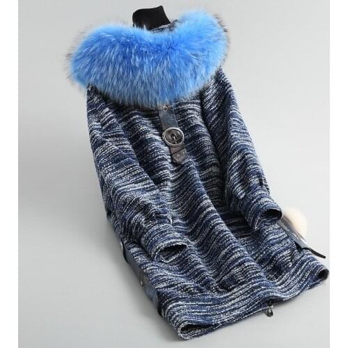 Coat Tweed Fashion Women Large Natural Raccoon Fur Collar Hooded Long Knitted Winter Female Jacket 2020 18047 WYQ1810