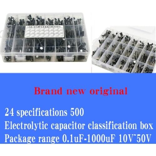24 kinds of specifications 500 electrolytic capacitor classification box kits Commonly used maintenance range 0.1uF-1000uF10~50V