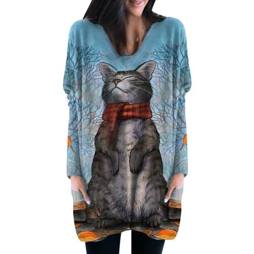 40# Women Casual Loode Mini Dresses Fashion Plus Size 5xl Women V-neck Long Sleeve Cute Painted Cat Print Pocket Loose Top Dress