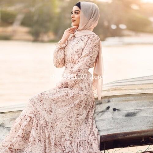 Floral Maxi Dress Abaya V Neck Shirred Waist Frill Bishop Sleeve Tiered Hem Muslim Women Islamic Hijab Gown Dubai Turkey Abaya