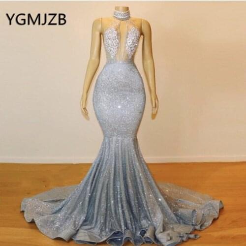 Long Sexy Prom Dress 2019 Mermaid Glitter Sequin Backless Halter Neck African Black Girls Arabic Formal Evening Party Gowns