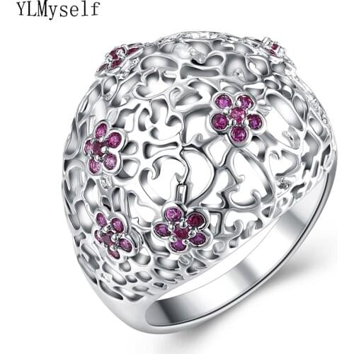 Big hollow ring trendy flower jewelry fashion women red crystal jewellery lovely finger rings