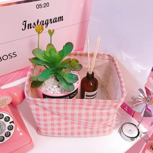 Korean Girls Heart Lovely Pink Lattice Storage Basket Cosmetic Storage Basket Desktop Folding Storage Sundries Sorting Box