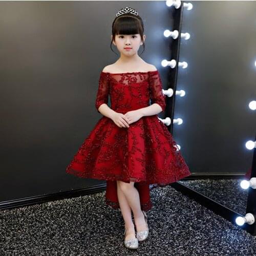 Red Tulle Flower Girl Dresses For Weddings Party Ball Gown Lace Appliques Shoulderless First Communion Dresses For Girls