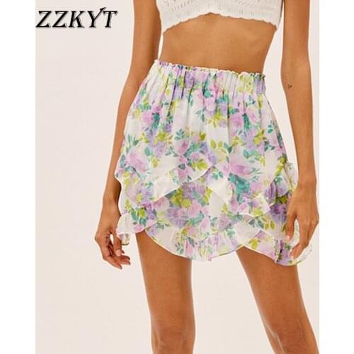 ZZKYT 2021 Women Summer Vintage Floral Print Mini Skirt Fashion Elastic Waist Ruffles Streetwear Ladies Skirts Casual Vestidos
