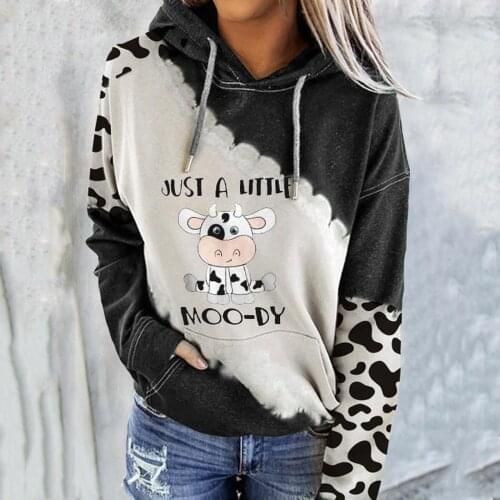 40#Fashion Women Hoodies Long Sleeve Color Block Cow Print Pockets Sweatshirt Drawstring Hooded Pullover Pocket Top толстовка