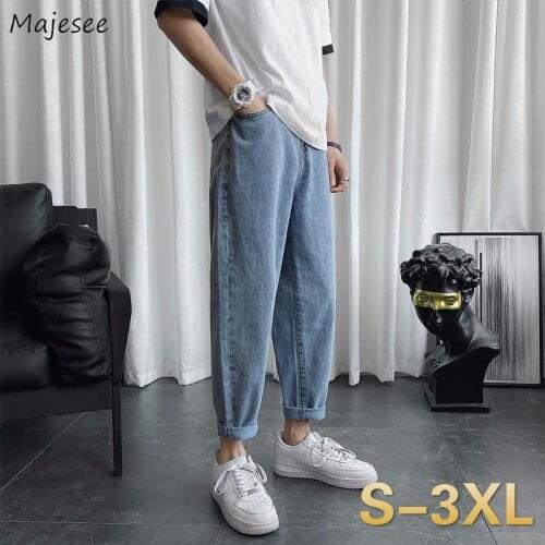 Men Jeans Ankle-length Oversize 3XL Loose Straight Solid Simple Leisure All-match Korean-style Trendy Washed Denim Trousers Male