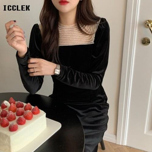 20201Spring Autumn New Korean One-Piece WomenS Dress O Neck Contrast Color Chic Elegant Party Dress Long Sleeve Velvet Dress