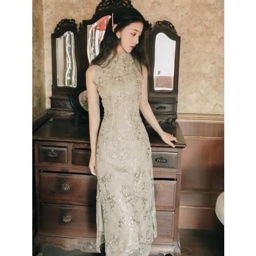 New "Green cherry" embroidered green cheongsam with lace retro modified cheongsam dress chinese qipao chinese traditional dress