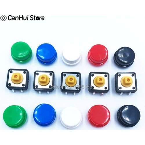 Plastic Tactile Switch PCB Tact Push Button Momentary Switch 12x12x7.3 4 Pins 10pcs+5 Color Button Cap Each 2pcs 12*12*7.3mm Hot