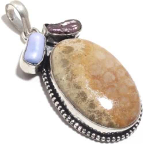 Genuine Fosil Coral Pendant Silver Overlay over Copper , Hand made Women Jewelry gift, P9042