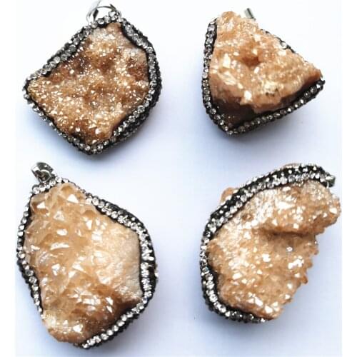 New Handmade Rhinestone Irregular Natural Stone Agates Druzys Pendants Necklace Plate AB Color For Fashion Jewelry Making 6PCS