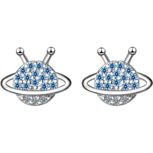 Korean student style simple personality temperament small cute crystal blue planet silver plated stud earrings WE136