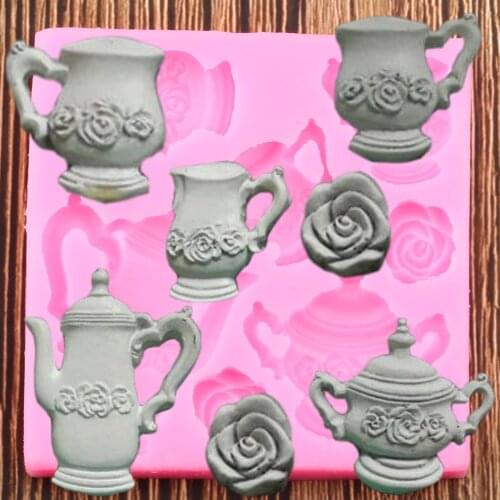 3D Teapot Border Silicone Mold Rose Flower Chocolate Candy Clay Fondant Molds DIY Cupcake Topper Wedding Cake Decorating Tools