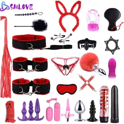 SMLOVE Lots Sex Toys For Women BDSM Erotic Nipple Clamps Handcuffs Whip Anal Plug Gag Vibrator Bondage Set Adult Games Sexy Shop