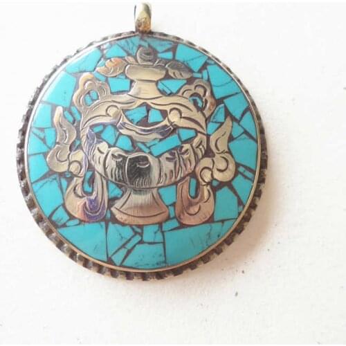 Tibetan Amulet Buddhist Eight Auspicious Totems Babao Copper Inlay Stone Round Pendants TBP152