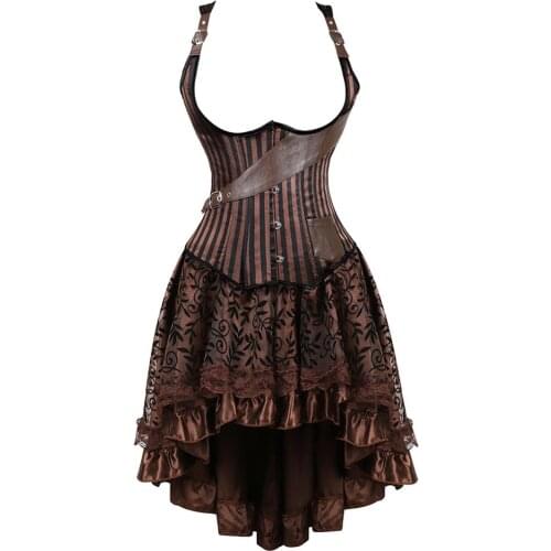 Vintage Corset Skirt Steampunk Underbust Corselet Leather Steel Boned Striped Bustiers Clubwear Dress for Women Party Costumes