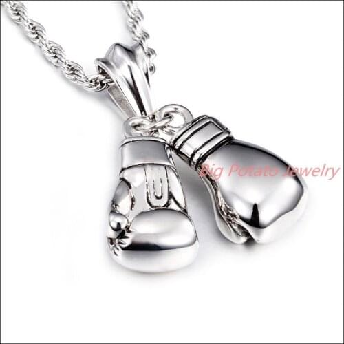 Highly Polished 316L Stainless Steel Silver Color Biker Jewelry Boxing Gloves Mens Pendant Necklace Rope Chain Not Fade