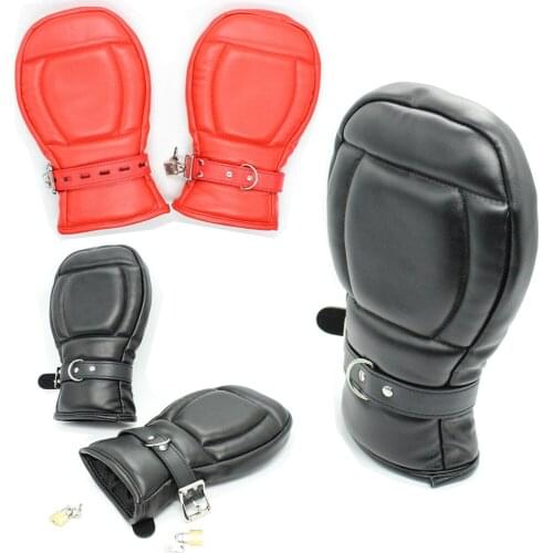 Adult Sex Gloves PU Leather Locking Goth Paddes Fetish Mittens Dog Paw Plam Bondage Restraints Gloves For Women Men Sex Toys