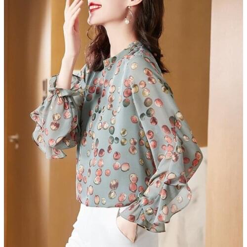 Chiffon Floral Women Blouse Summer New O-Neck Lantern Sleeved Loose Elegant Pulls Outwear Tops